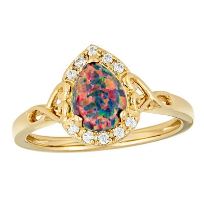 Pear Shape Created Opal & Lab Grown Diamond Swirl Heart Ring in 10k Yellow Gold